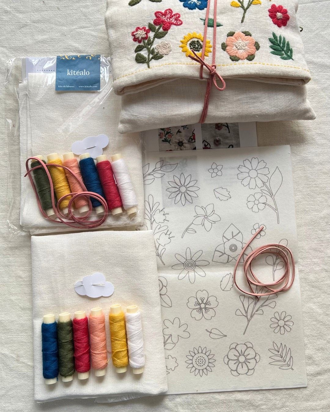 Clutch de lino bordado a mano con flores en lana, kit DIY de bordado.